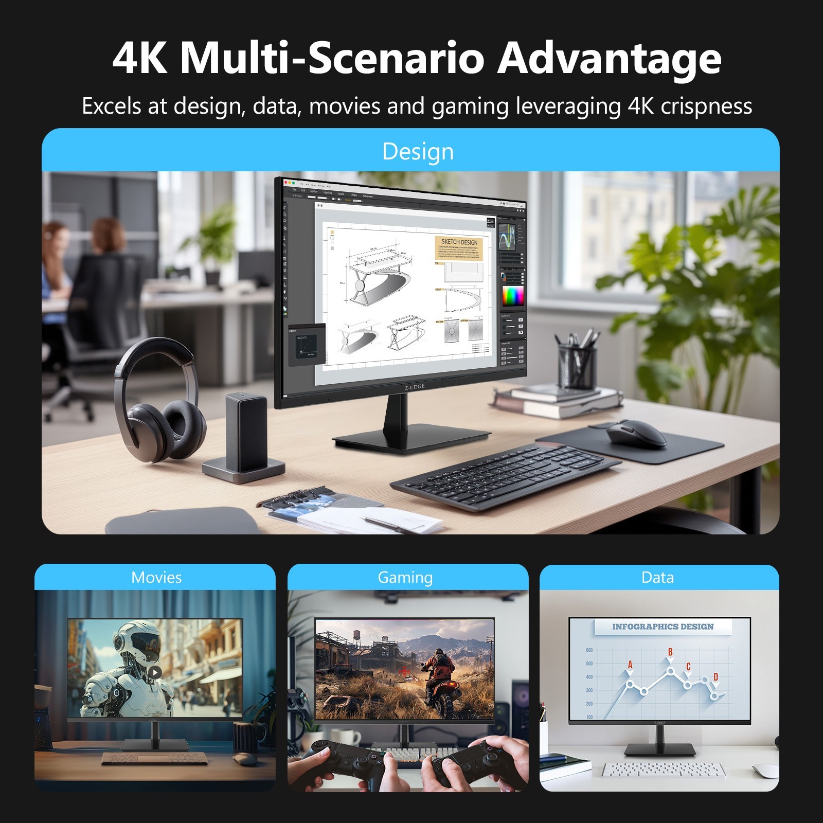 Z-EDGE 27 inch 4K UHD 3840x2160 120Hz 1ms IPS Gaming Monitor, HDMI x2, DP x2