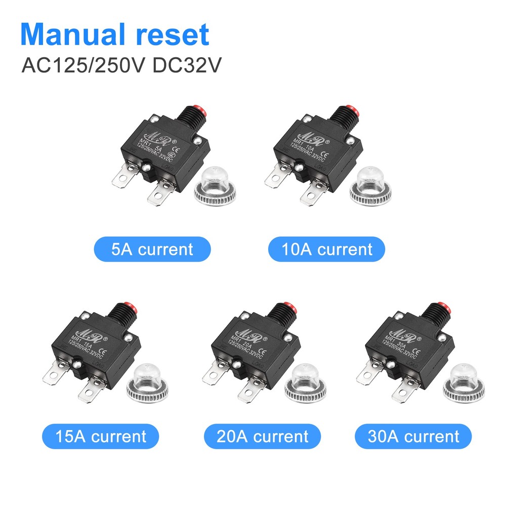Circuit Overload Protector 5A/10A/15A/20A/30A Push Button with Waterproof Caps