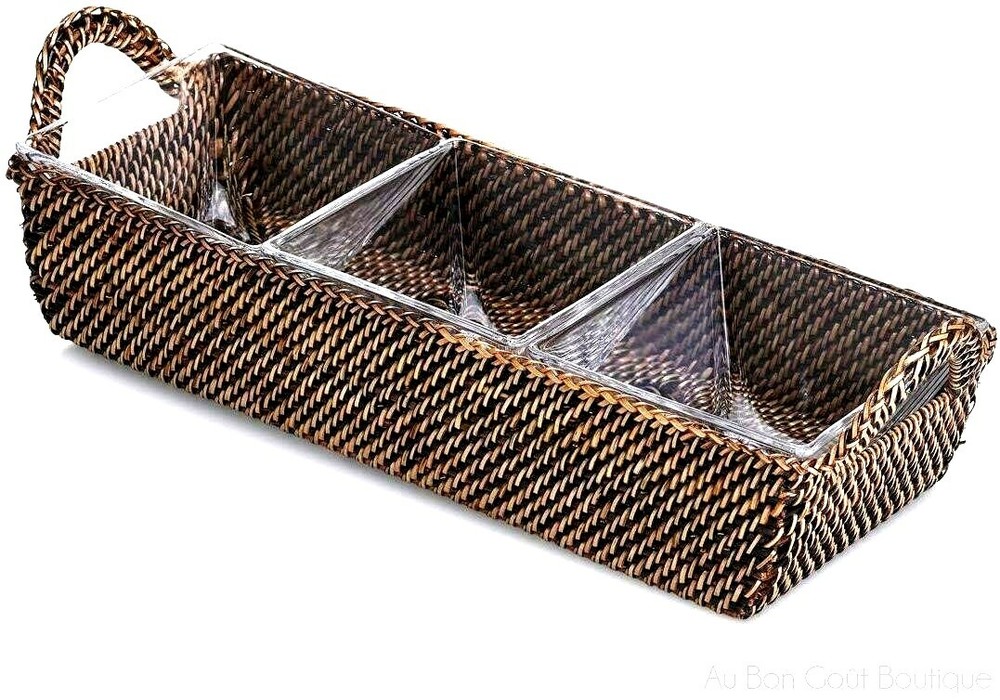 CALAISIO, RECTANGULAR 3 SECTION SERVING TRAY with 3 REMOVABLE GLASS INSERTS, NEW