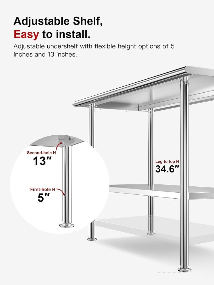 **24×48 All-Stainless Steel Prep Table w/ Backsplash & Adjustable Undershelf**