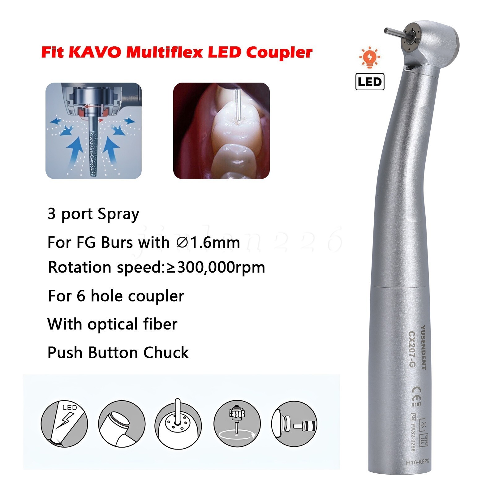 COXO Dental High Speed Handpiece Fiber Optic Turbine KaV MULTIflex LED Coupling