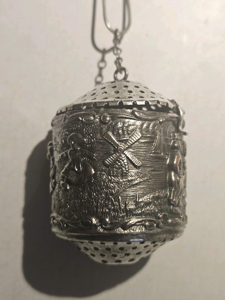 Silver Tea Infuser Repousse Dutch-Style Scene Chatelaine