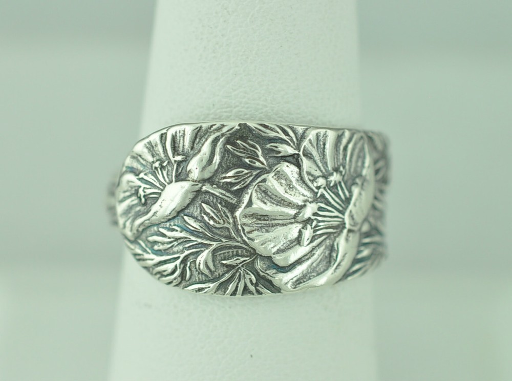 Solid 925 Sterling Silver Poppy Flower Floral Adjustable Spoon Ring