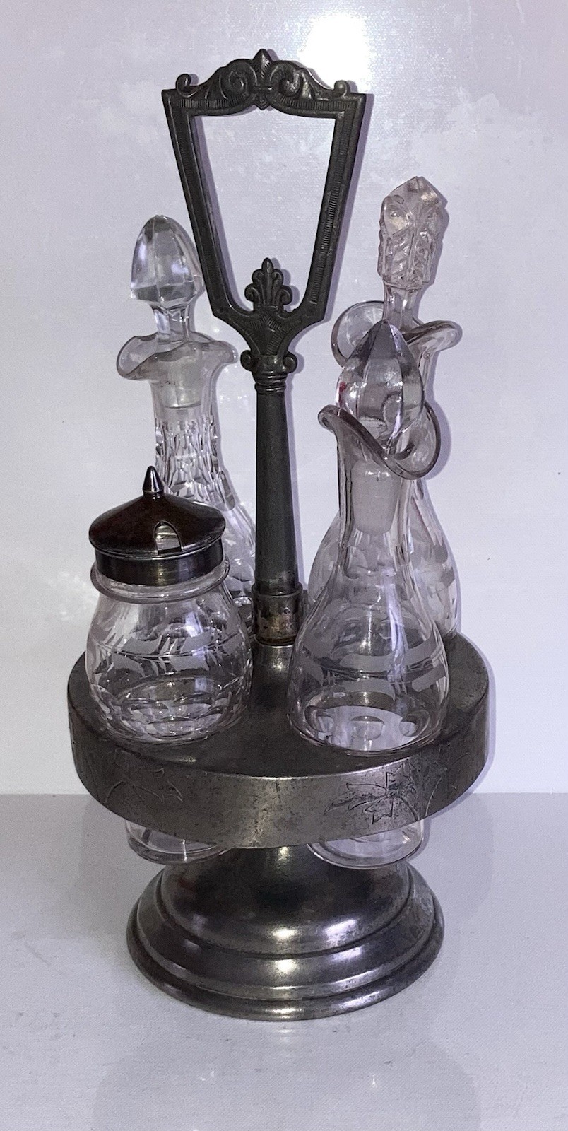 Vintage Etched Glass Cruet Silver-plate Castor Set Condiment Caddy Shaker Stand