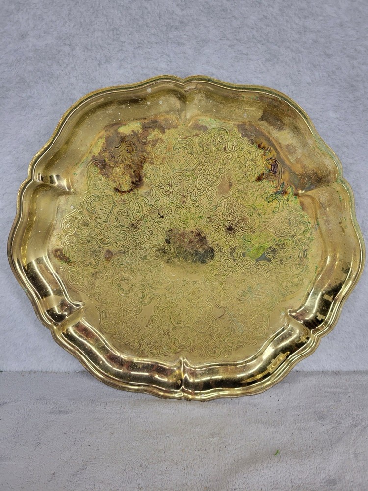 Vintage Ornate Round Serving Tray Scalloped Edge Etched Design 13” - Rusted