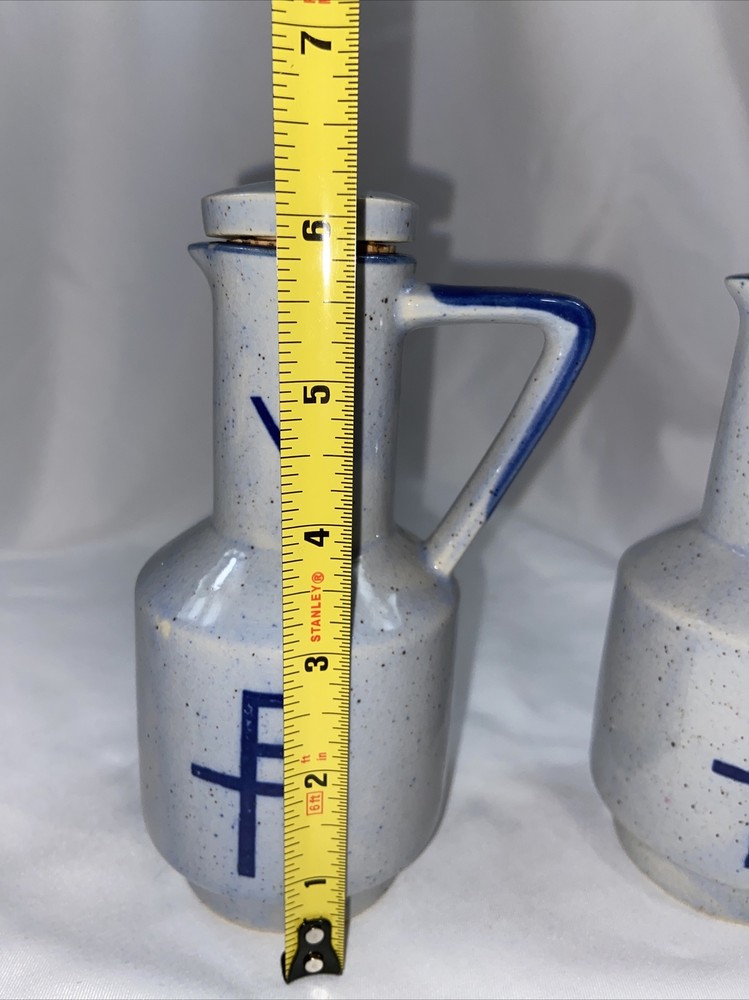 Pair Staurogram tau-rho Monogrammatic Cross Stoneware Communion Wine Decanters