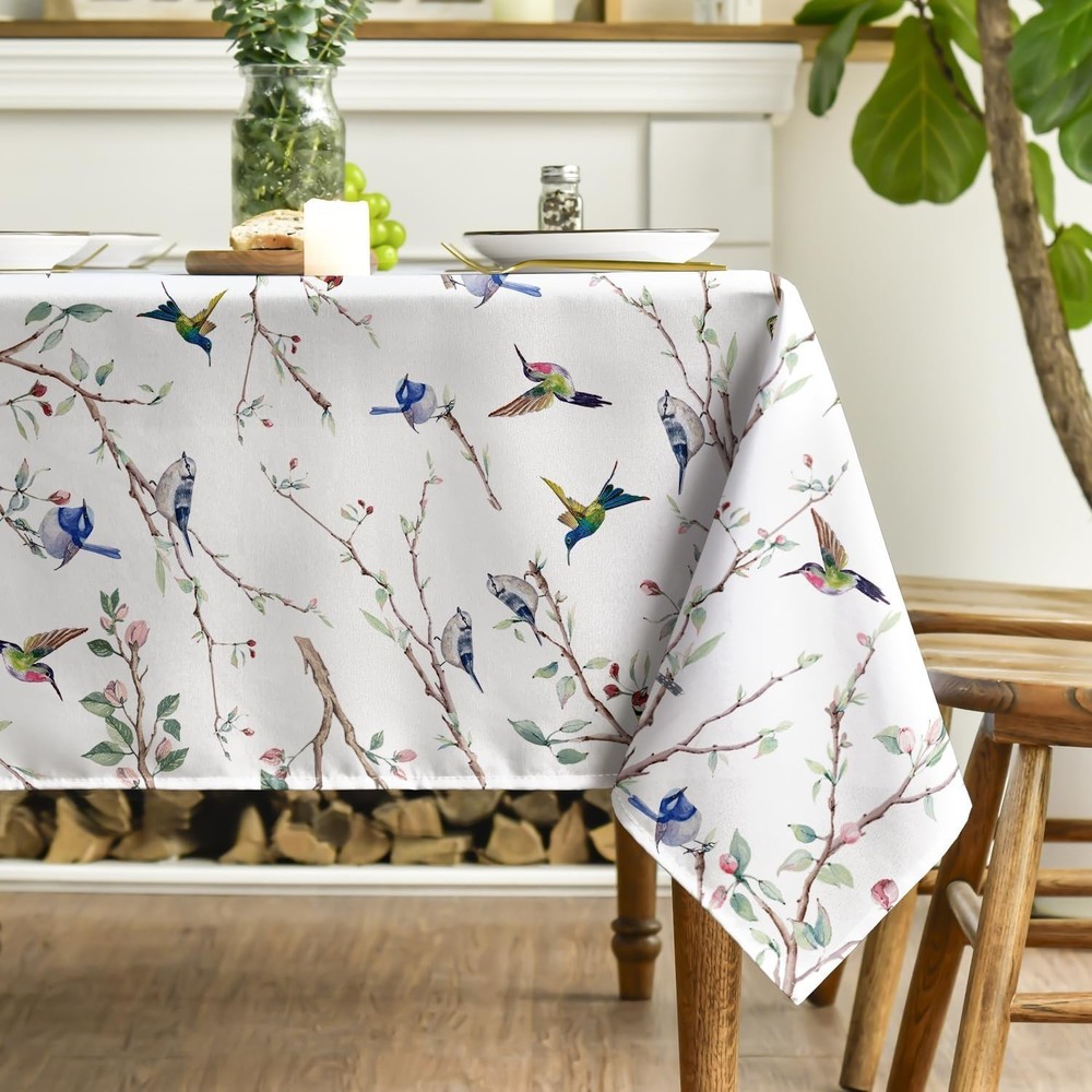 Spring Summer Tablecloth 60x84 Inch Rectangular, Birds Branch Floral Table Co...