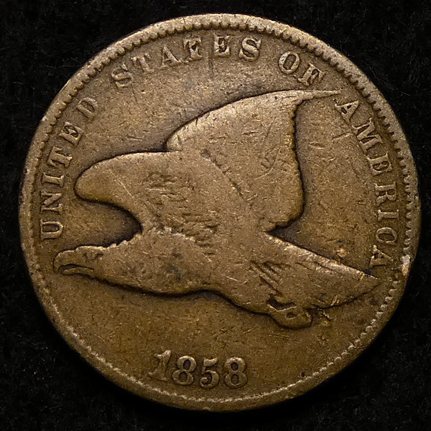 1858 Small Letters Flying Eagle Cent with full eagle and some feather detail