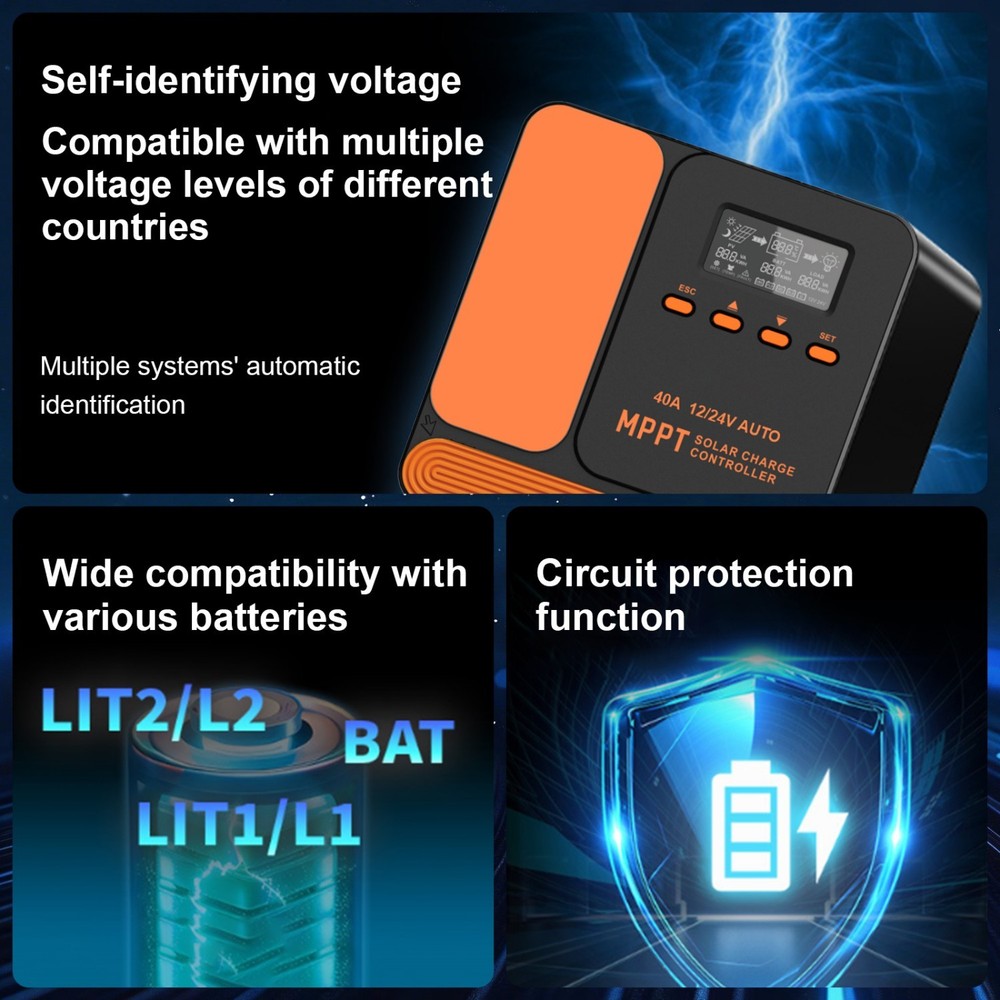 MPPT 40A Solar Charge Controller 12V/24V with LCD Auto Tracking Solar Panel US
