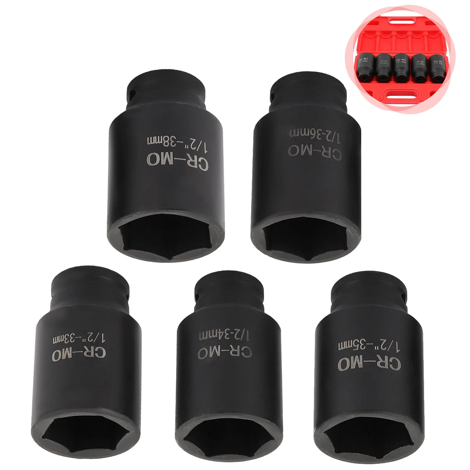 5Pcs 1/2" Drive Deep Impact Axle Hub Socket Set 6 Point 33mm 34mm 35mm 36mm 38mm