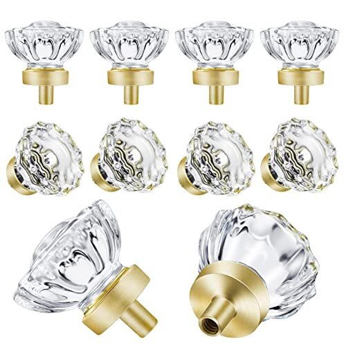 8 Pack Satin Brass Knobs for Cabinet Crystal Gold Cabinet Knobs Vintage Glass...