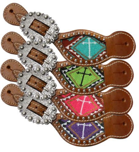 SPUR STRAPS Ladies Size BEADED CROSS Medium Leather Adjustable 8" - 9.5"