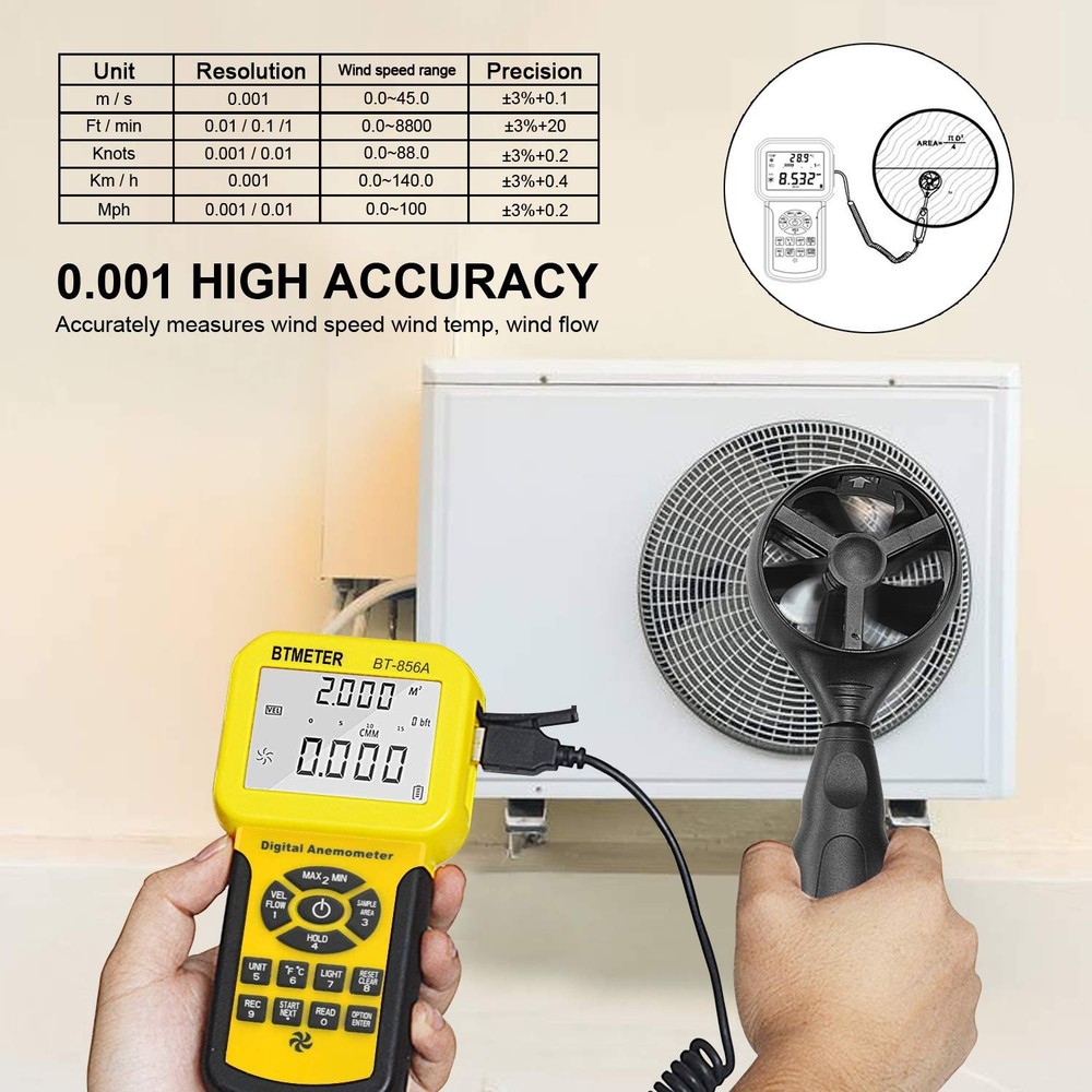 BTMETER BT-856A Pro CFM Anemometer Measures Wind w/ Computer Software