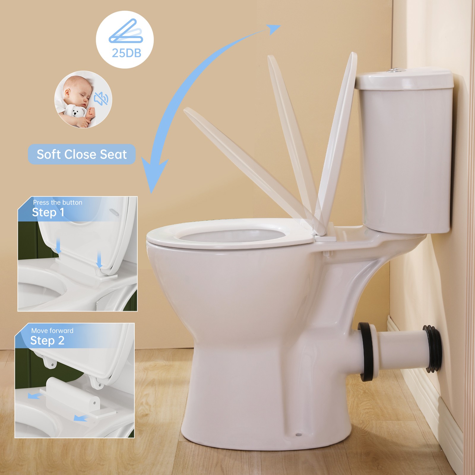 19 Inch Tall Toilet Rear Discharge Toilet with Dual Flush 1/1.6GPF for Seniors