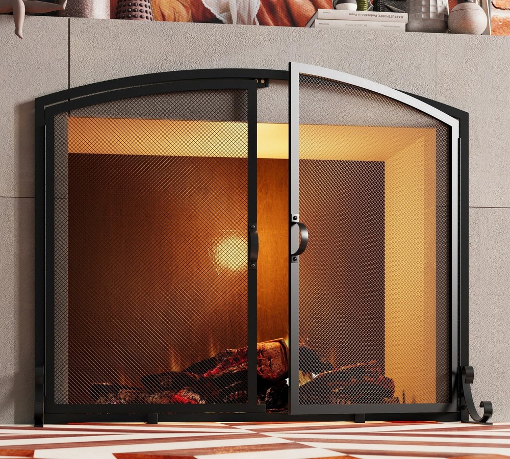2-Pannel Fireplace Screen with Doors, Handcrafted Solid Mesh,Stable Adjustabl...