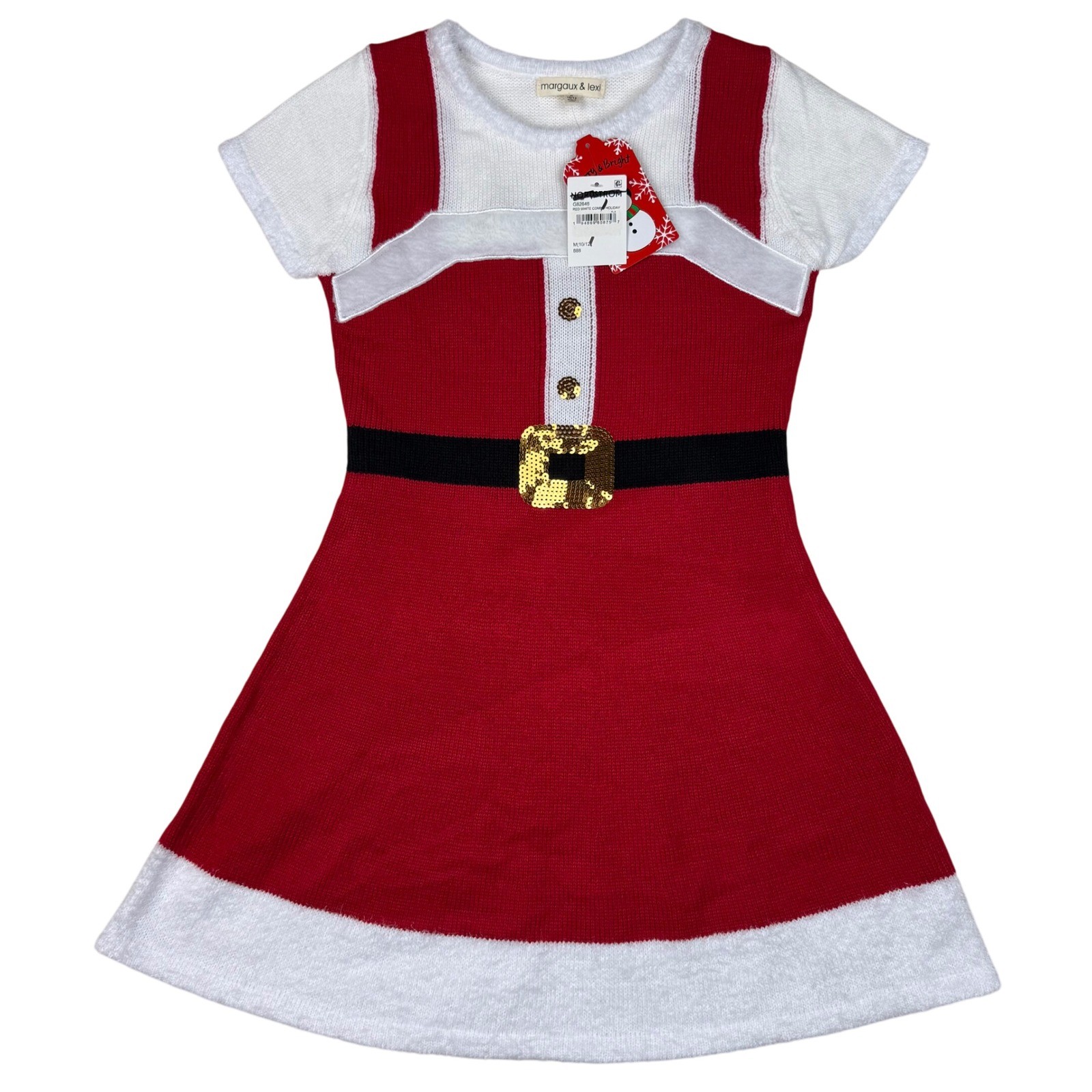 NEW Margaux Lexi Girl Red White Santa Dress Knit Sequins Belt Sz M 10 12 Holiday