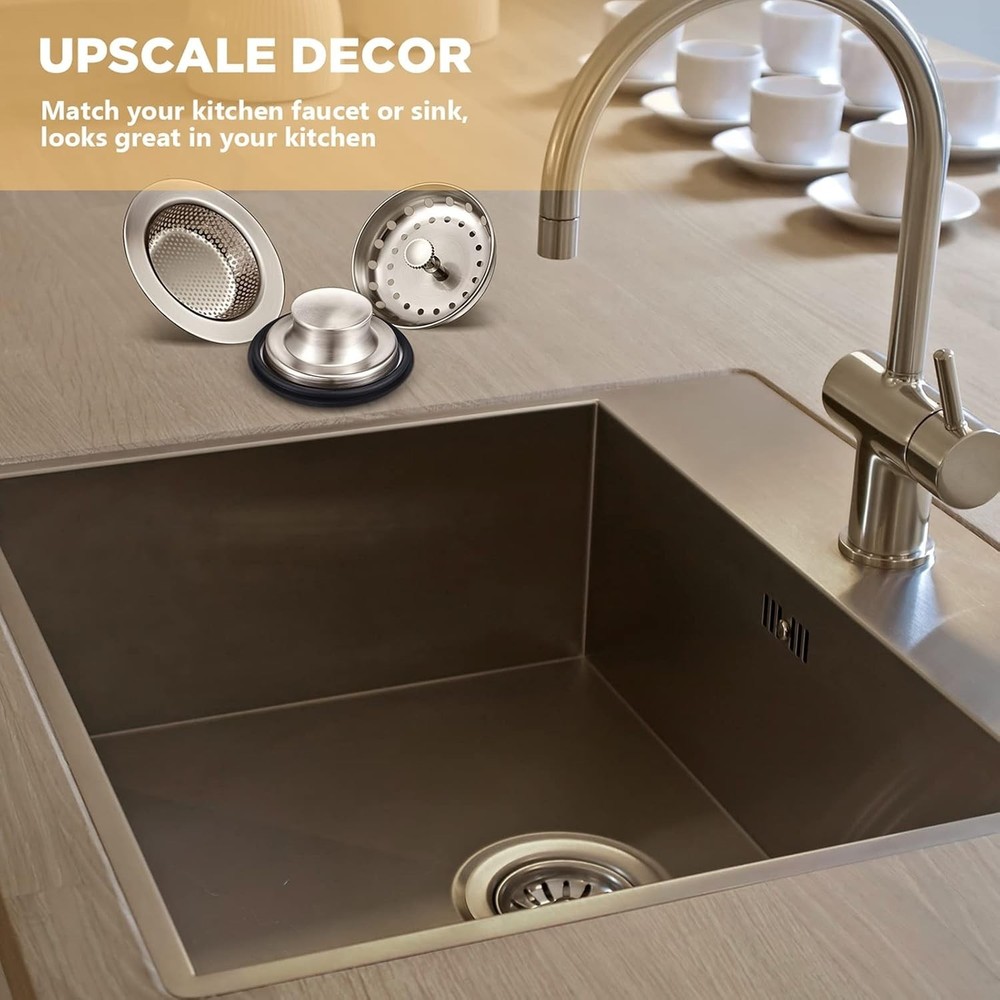 Rustproof Brushed Silver Kitchen Sink Drain Strainer and Stopper Set - 3 Pieces