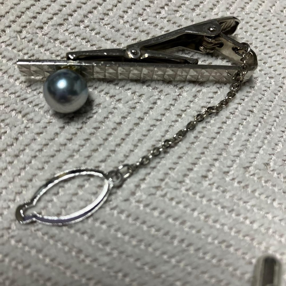 Silver Tie Pin Cufflinks Button Set -USED-JP NO BOX