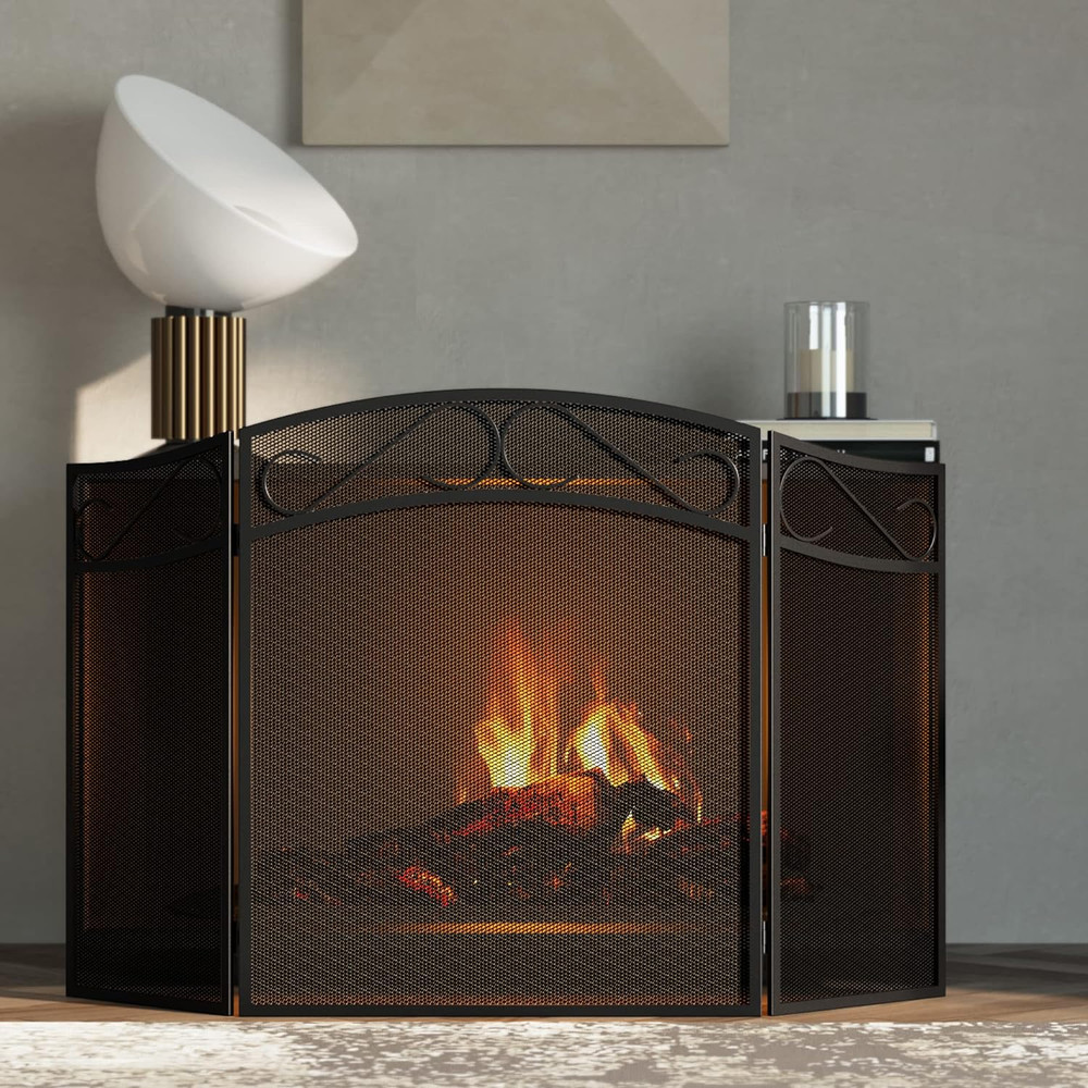 Fireplace Screen for Wood Burning Fireplace Foldable 3 Panel Wrought Iron Firepl