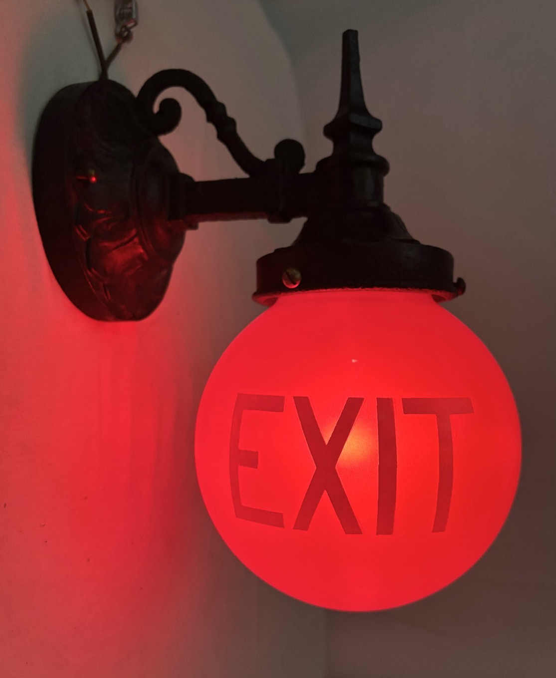 Vtg Exit Glass Light Globe Wall Sconce Cast Iron Fixture Art Deco Shade USA #L61