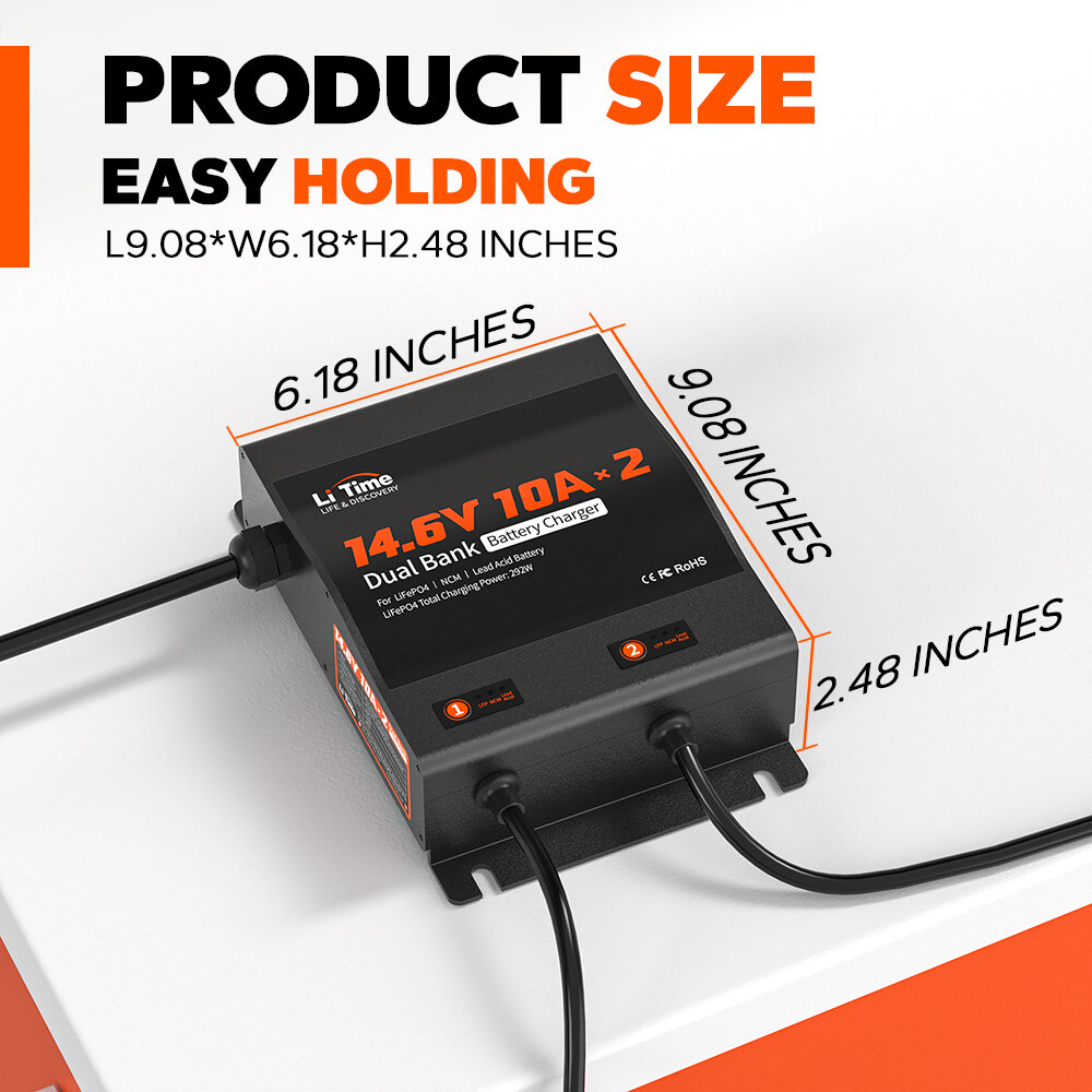 LiTime 14.6V 10Ax2 Dual Bank Smart Battery Charger for Lithium LiFePO4 Lead Acid