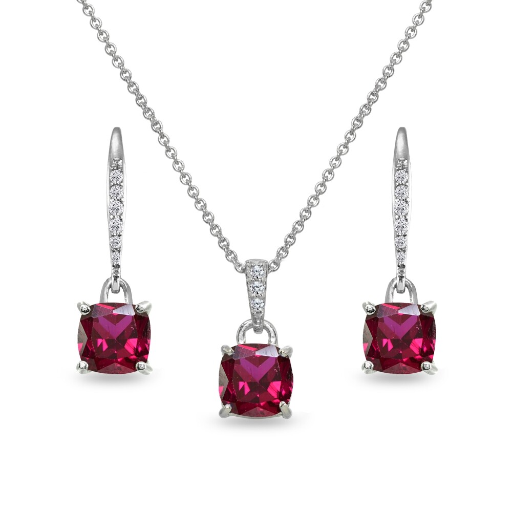 Cushion Created Ruby 925 Silver Dangle Leverback Earrings & Pendant Necklace Set