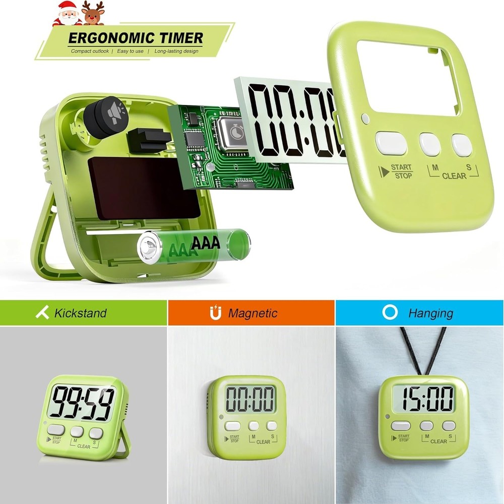 Digital Countdown Timer Set for Kids & Cooking - Loud/Silent Mode + Batteries