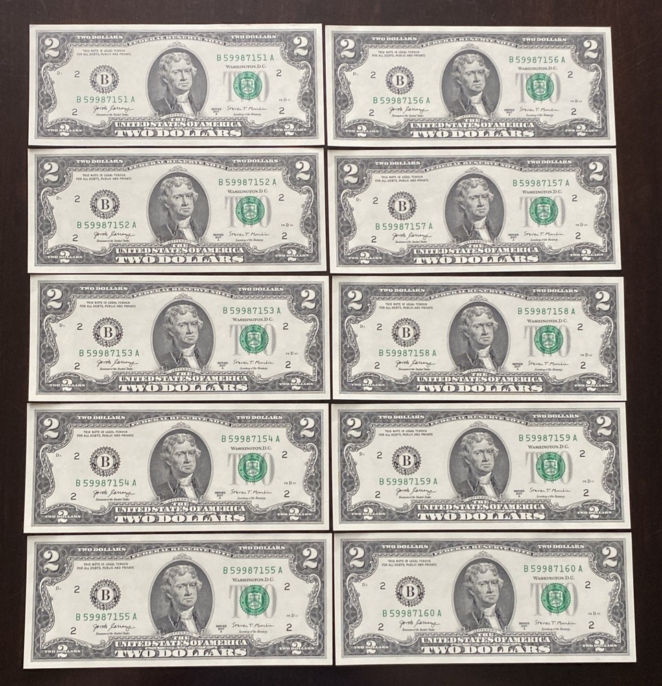 US 2017-A-$2 BILLS-UNCIRCULATED -(10) CONSECUTIVE SERIAL #’s- US BANK NOTES