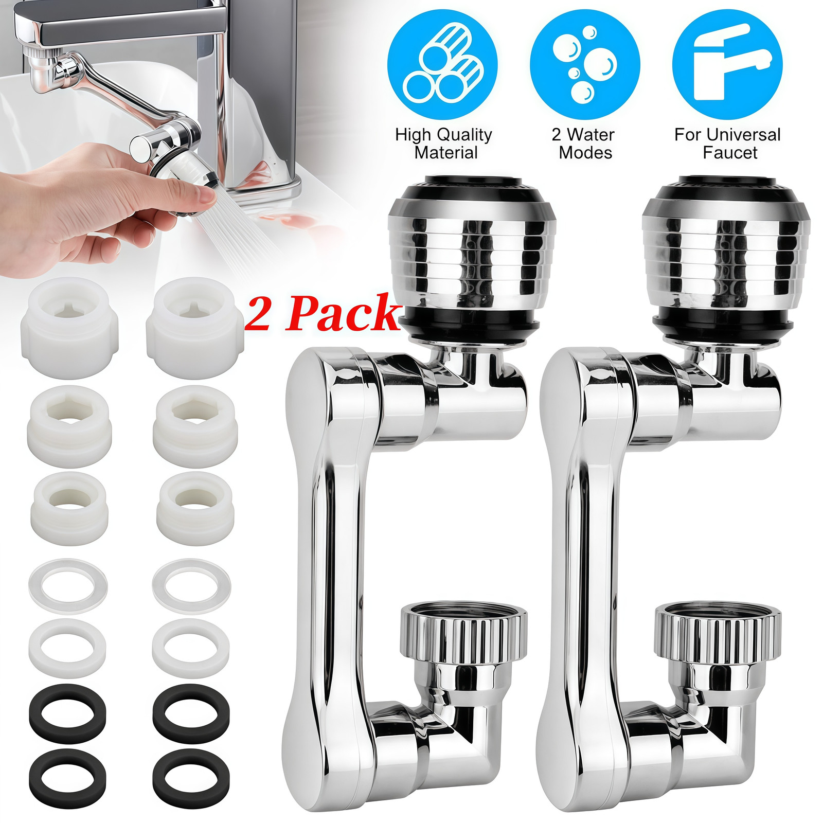 2 Pack Universal 1080° Swivel Extension Faucet Rotate Robotic Arm Tap Extenders