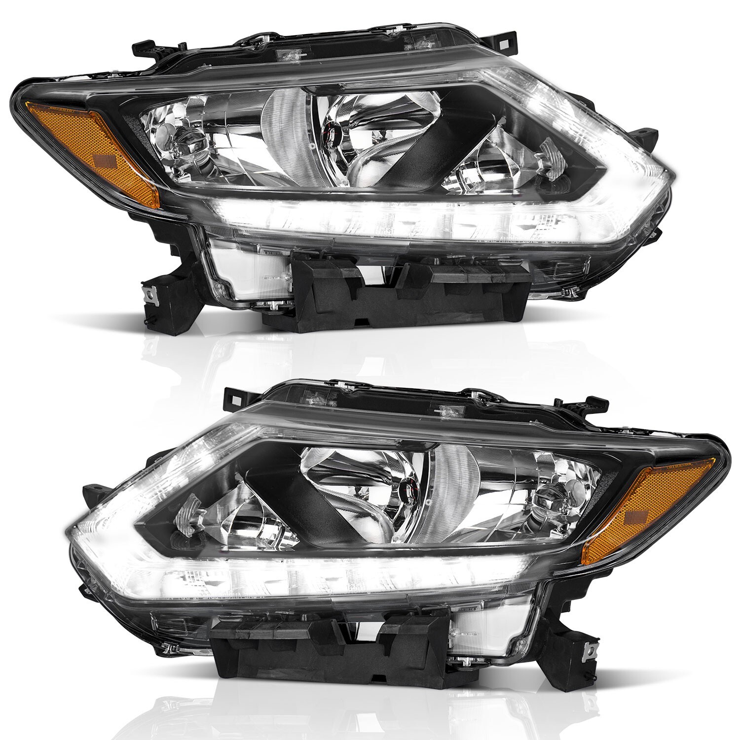 WEELMOTO Headlights For 2014-2016 Nissan Rogue Halogen LED DRL Lamps Left+Right
