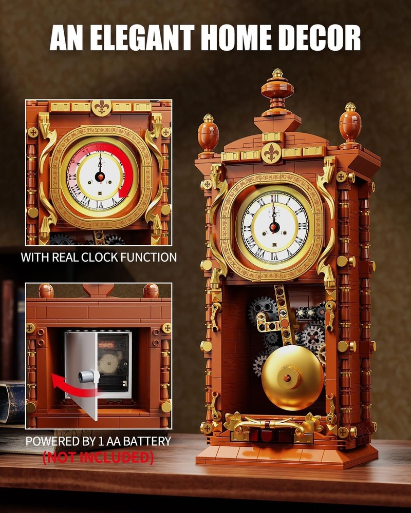Vintage Pendulum Clock Building Block Set, Stem Toy with Real Clock Function and