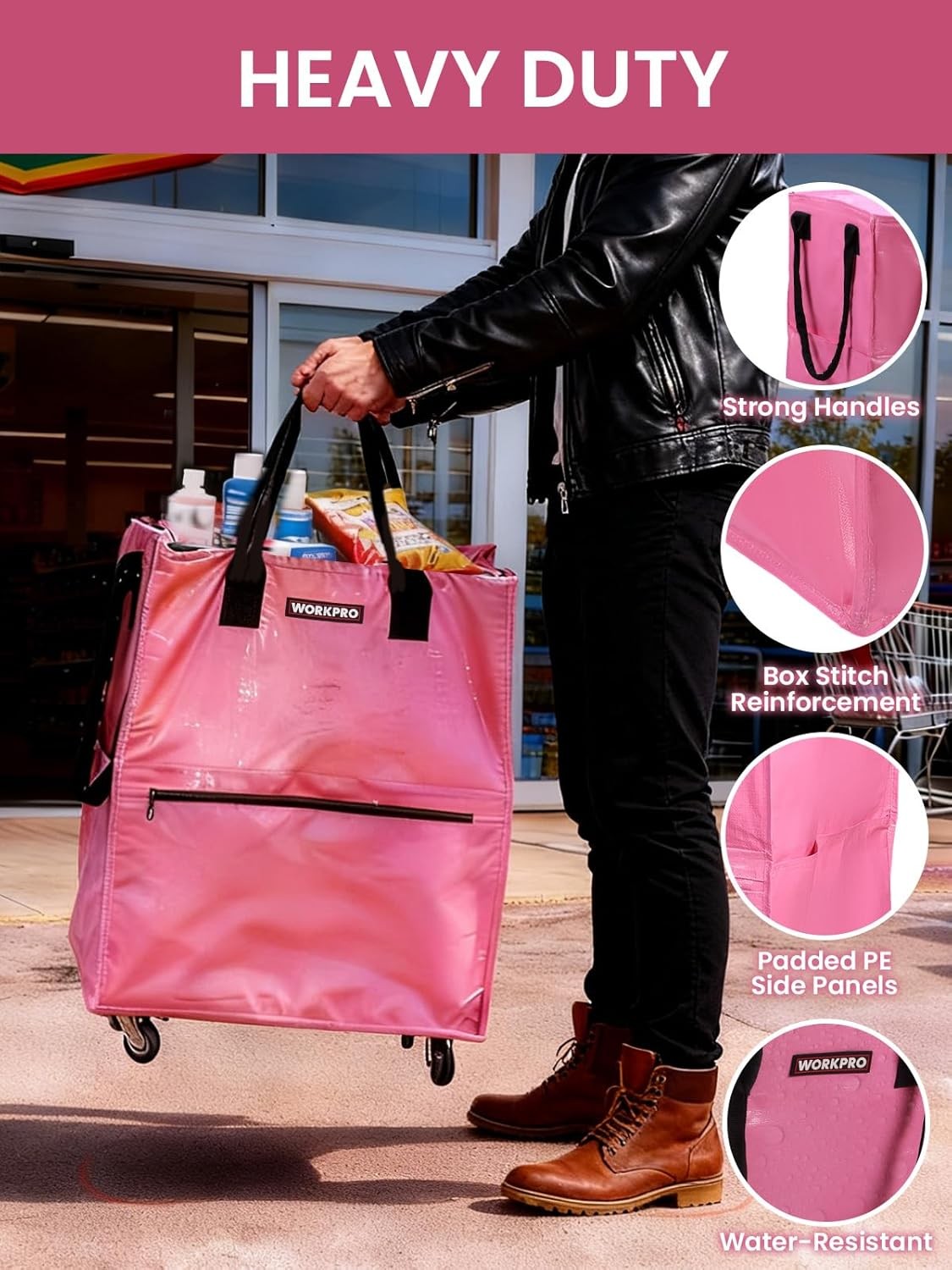 WORKPRO Medium Heavy Duty Reusable Grocery Bag 4 Caster Wheels Rolling Shop Tote