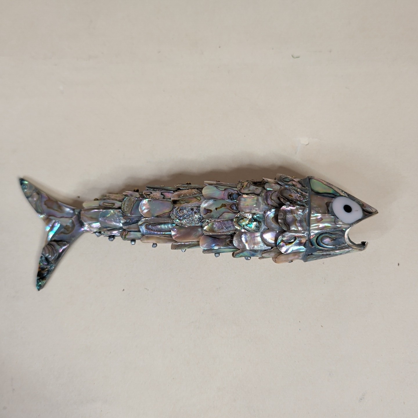 RARE RARE MEX Whimsical Silverplate Abalone Articulated Fish Motif Bottle Opener