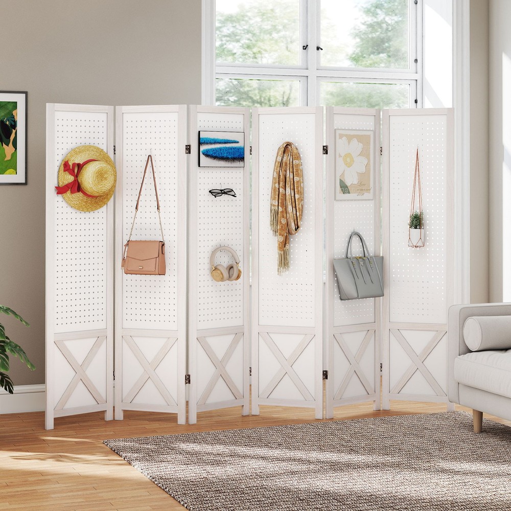 6-Panel Pegboard Room Divider, 67" Tall Foldable Privacy Screen, For Home, White