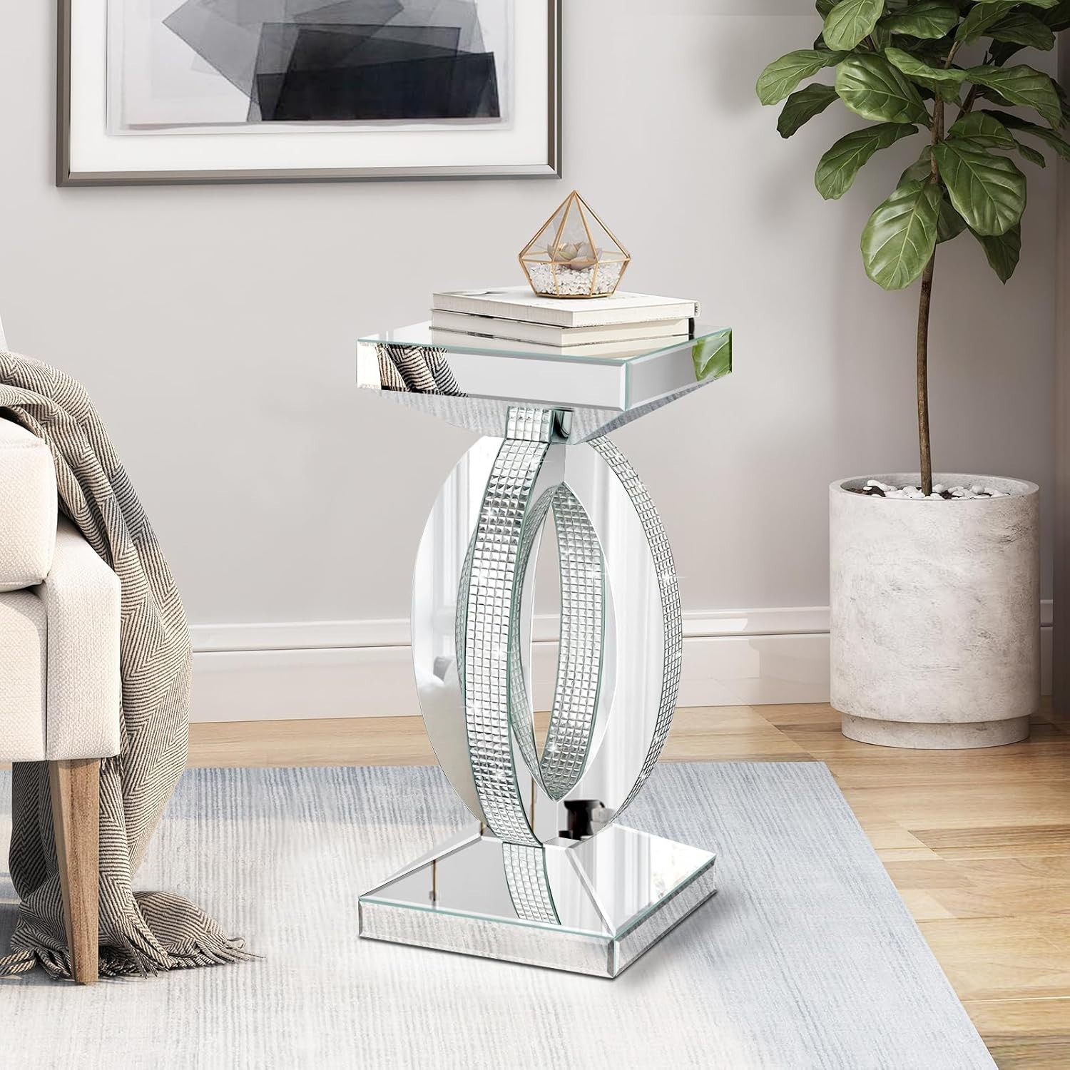 12"x12"x24"Silver Mirrored End Table with Crystal Inlay,Modern Side Accent Table