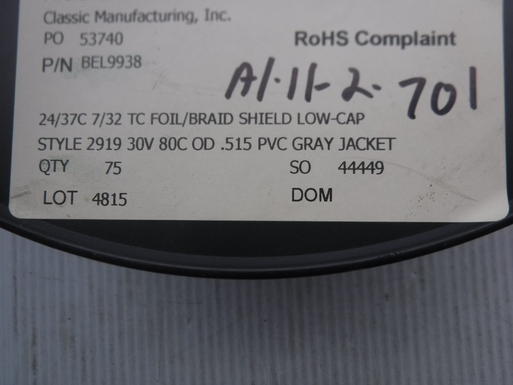 Sterling Wire And Cable LLC BEL9938 TC-Foil/Braid Shield Low Cap Grey Jacket
