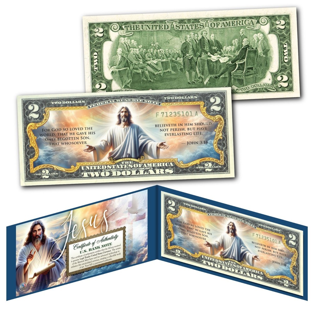 JESUS CHRIST Authentic $2.00 Bill - Bible John 3:16 Verse Cherished Keepsake