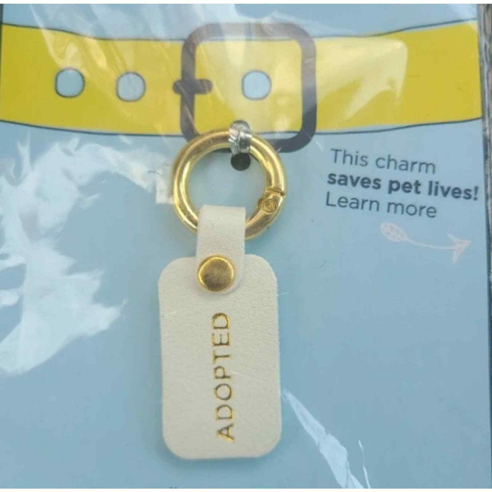 Pet Collar Charms "Adopted" Gold Print on White Tag With Gold Clasp Tag Silencer