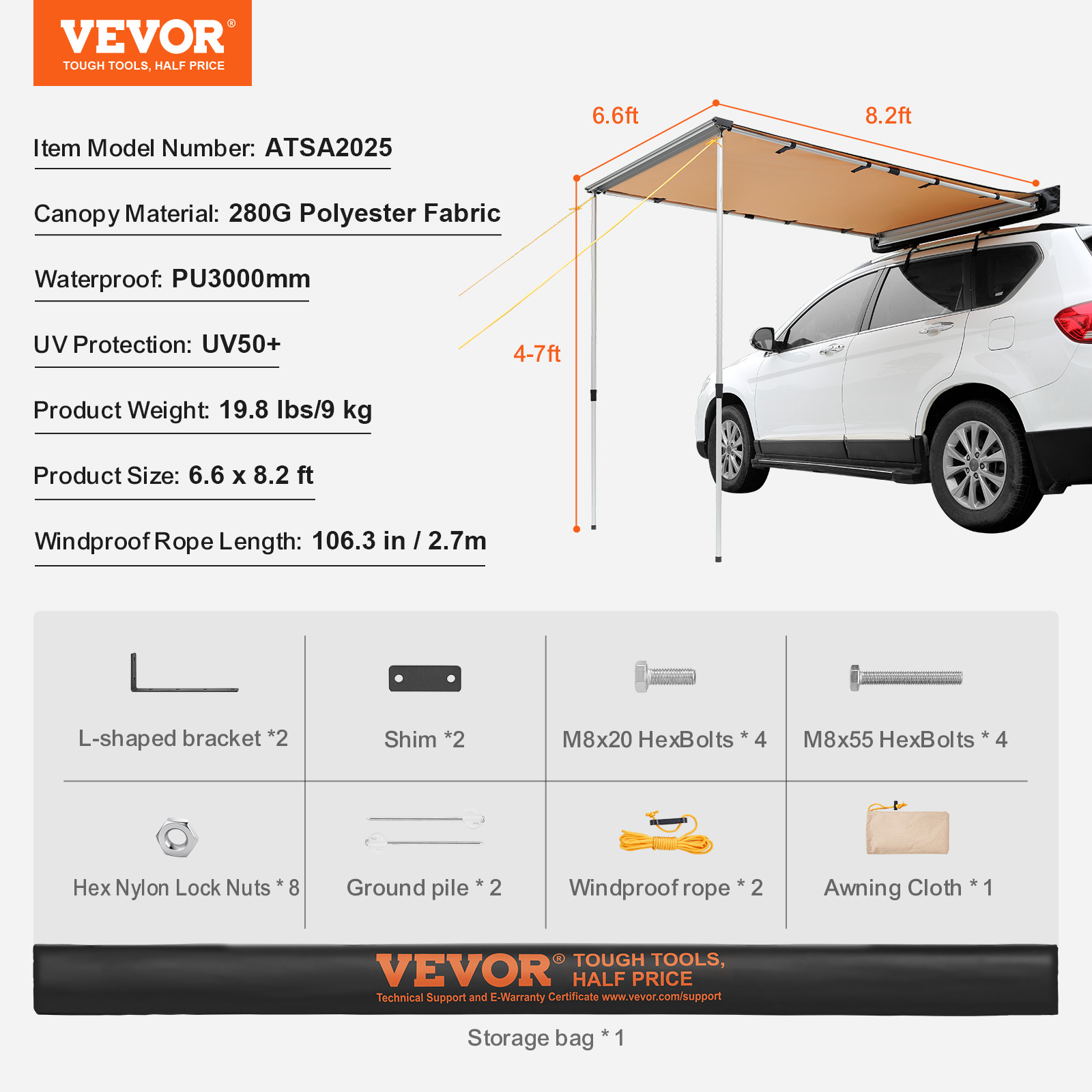 VEVOR Vehicle Awning 6.6' x 8.2' Shade Coverage Car Side Awning PU3000 mm UV50+