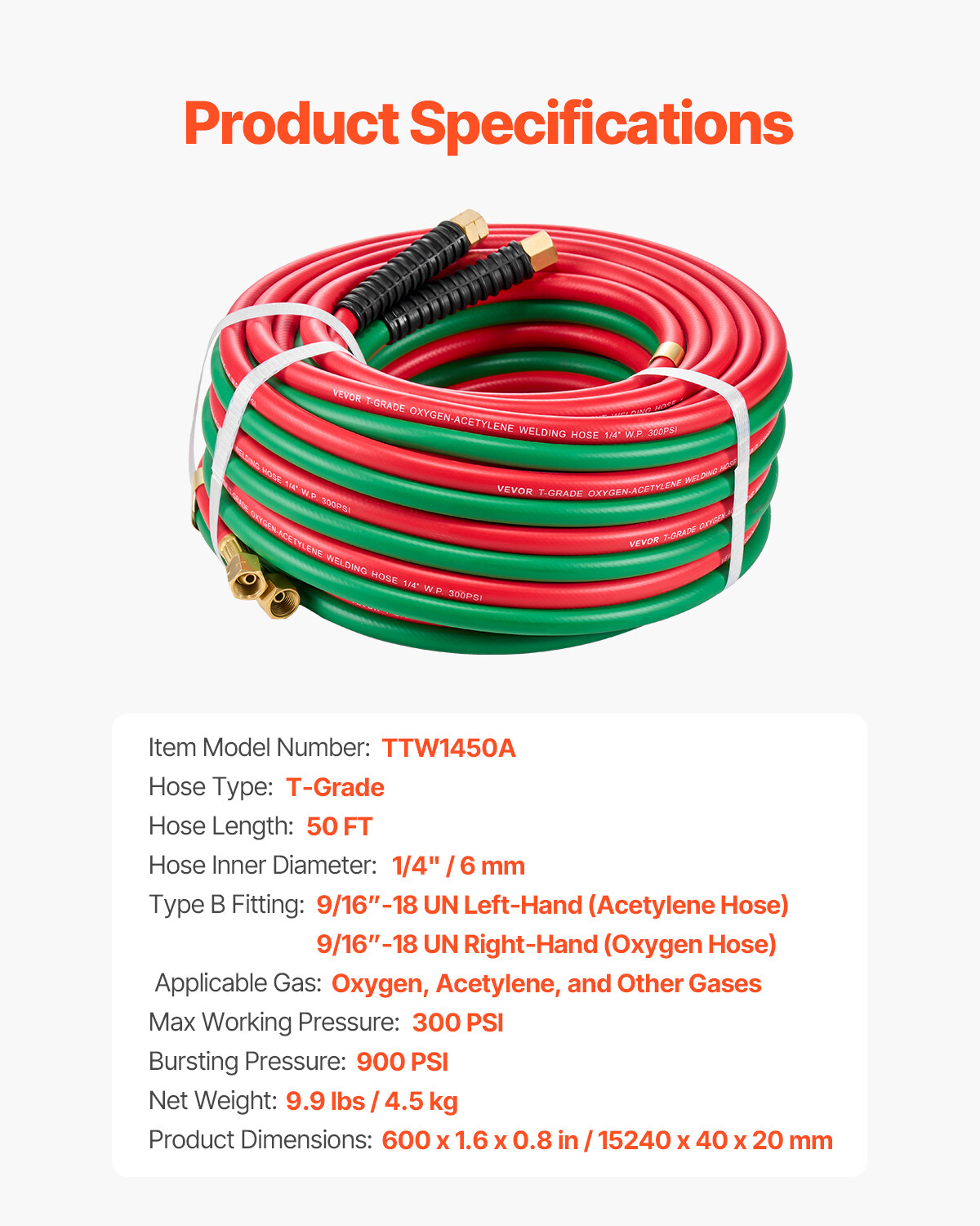 Oxygen Acetylene Hose 1/4-Inch x 50FT T Grade Hose 300PSI Max Working Pressure