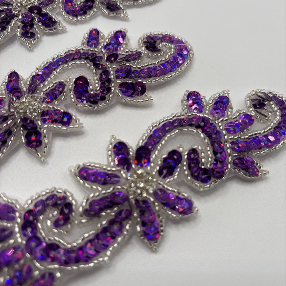 6 Purple Sequins Appliques Silver Beaded Border D2