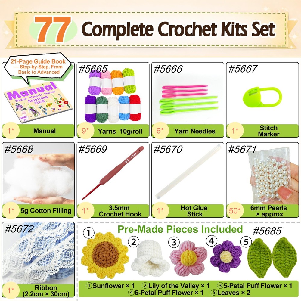 7 Car Hanging Flower Charms Crochet Kit for Beginners with Video Tutorial