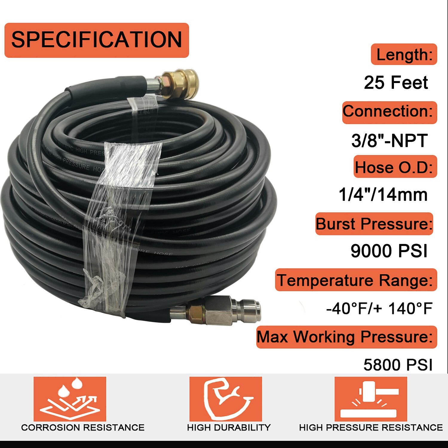50FT 5800PSI Replacement High Pressure Power Washer Hose -3/8" Quick Connect