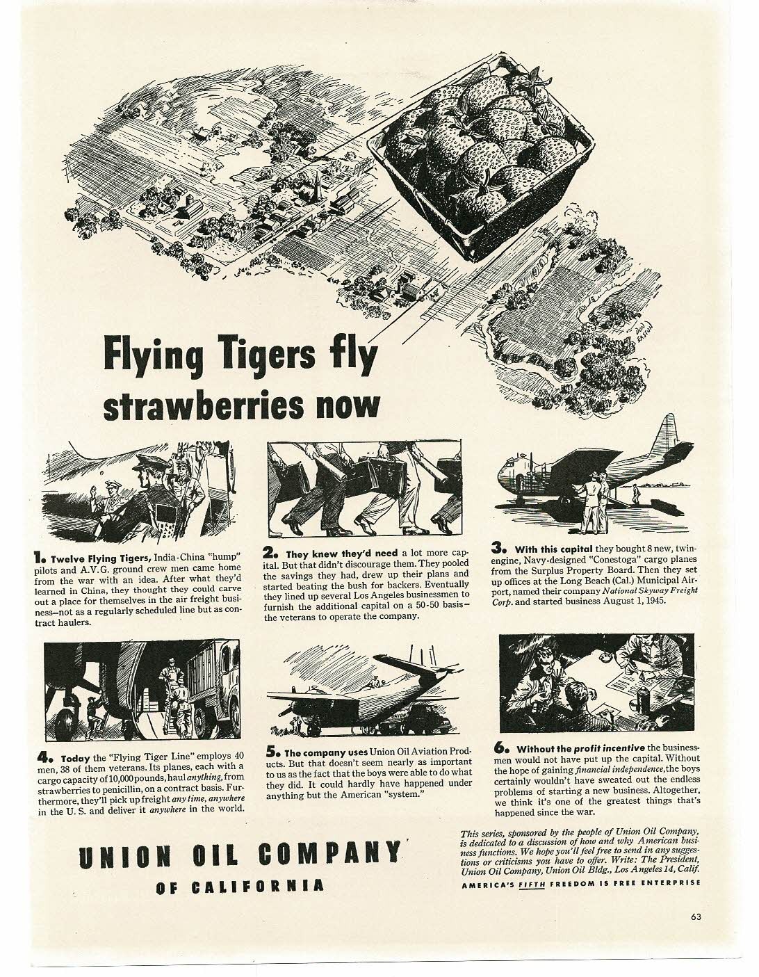 1945 Union Oil Company Flying Tiger Line flies strawberries Vintage Print Ad 76