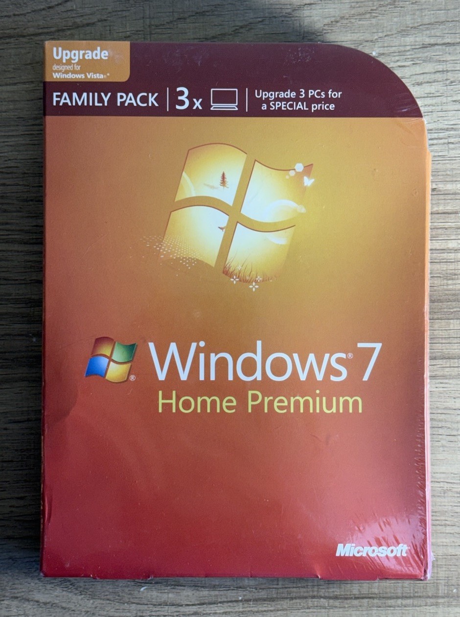 Microsoft Windows 7 Home Premium Upgrade Vista Family Pack 3 PCs NIB 32 64 bit
