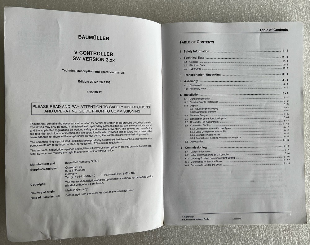 BAUMUELLER V-CONTROLLER TECHNICAL DESCRIPTION AND OPRATION MANUAL