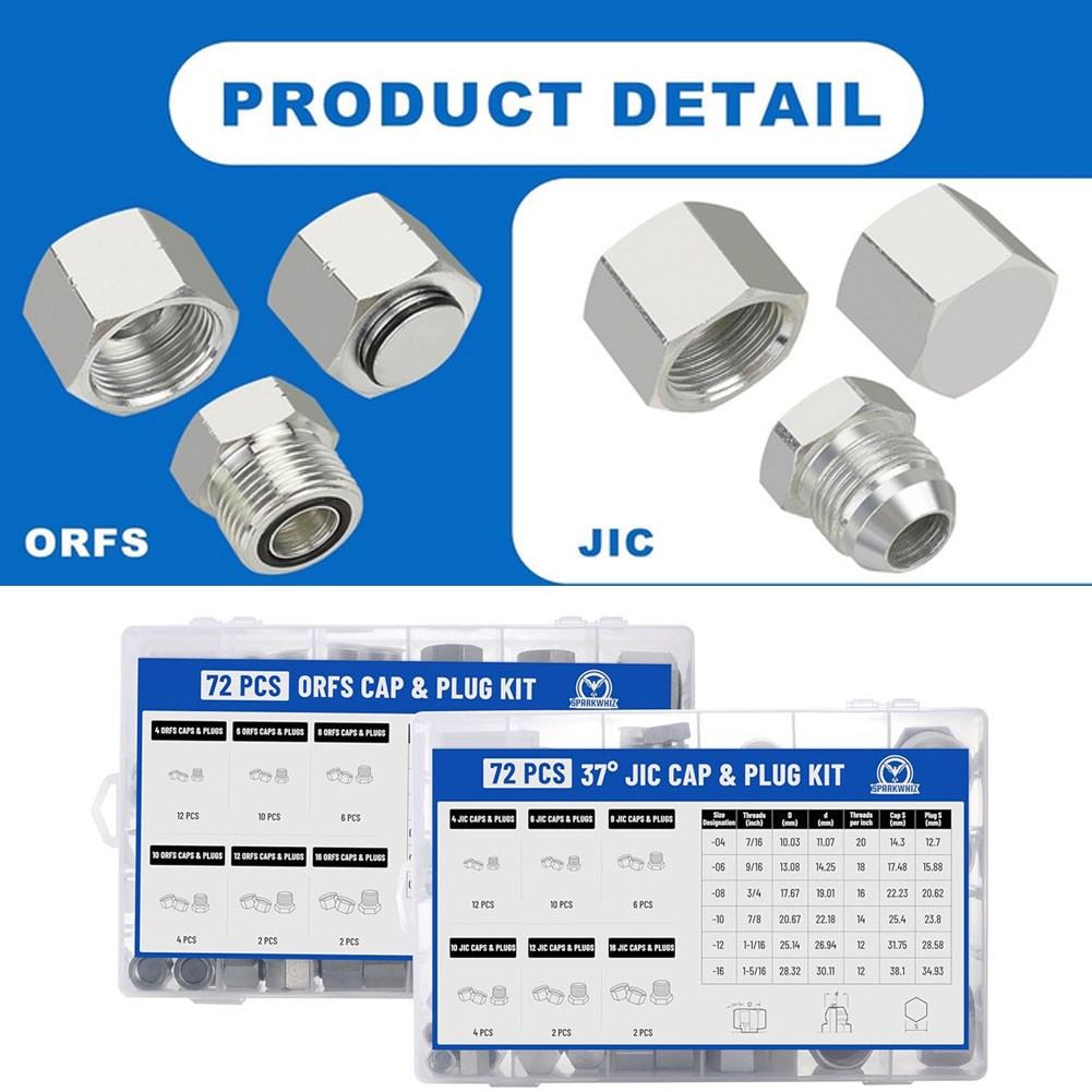 144Pcs 37° JIC & ORFS Hydraulic Cap and Plug Kit Hose Tube and Pipe Fitting Set