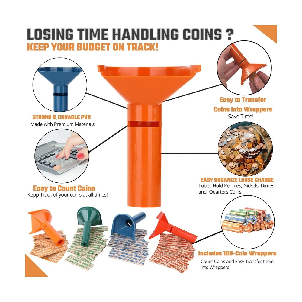 Coin Counters & Coin Sorters Bundle 4 Color-Coded Tubes/100 Assorted Wrappers