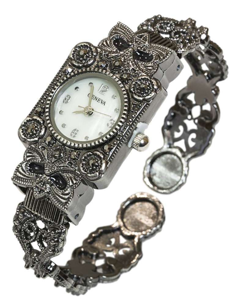 Blekon Collections Women's Antique Rectangular Case Marcasite Bangle Cuff Watch
