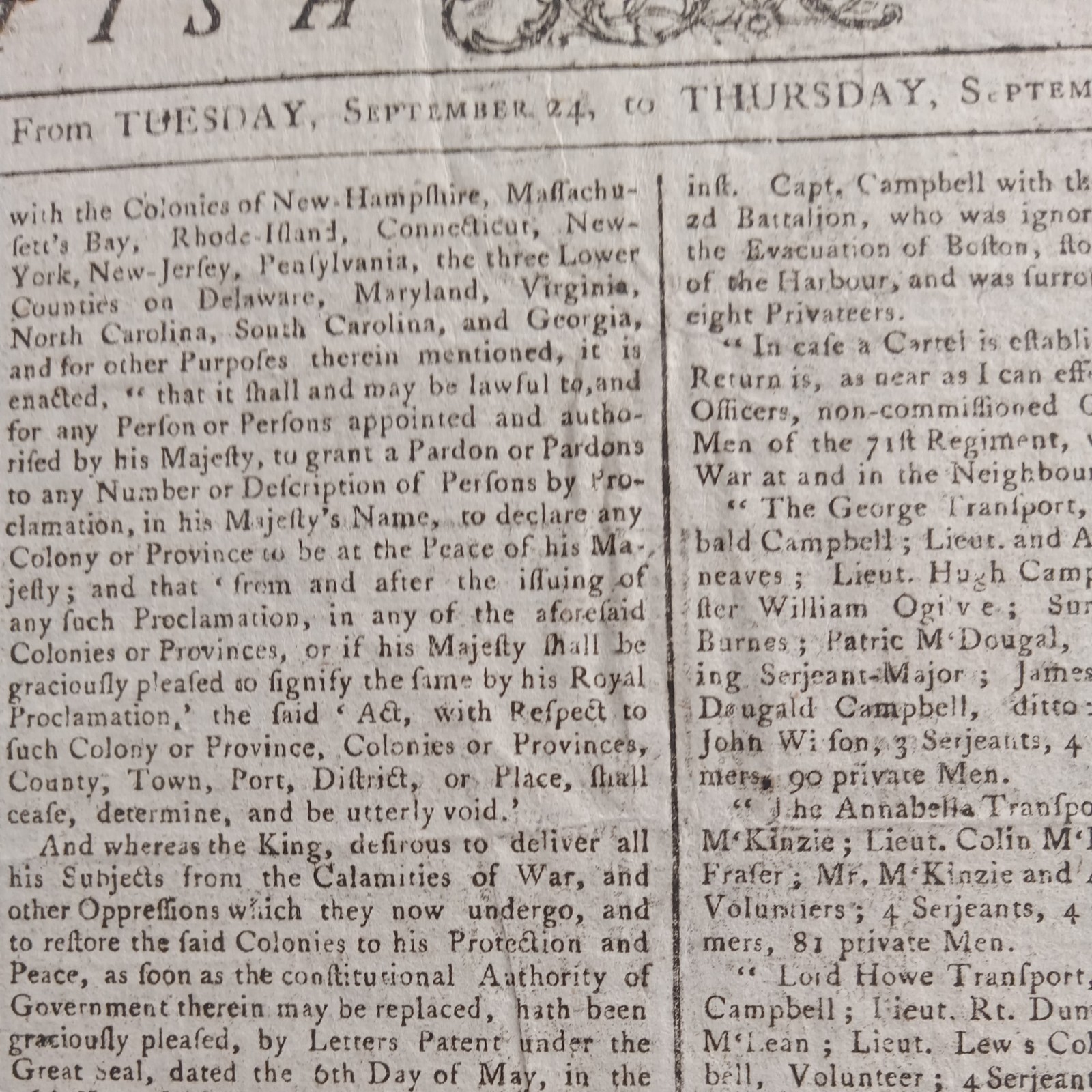 "DECLARATION OF INDEPENDENCE" Front Page Mentions - 1776 British Newspaper